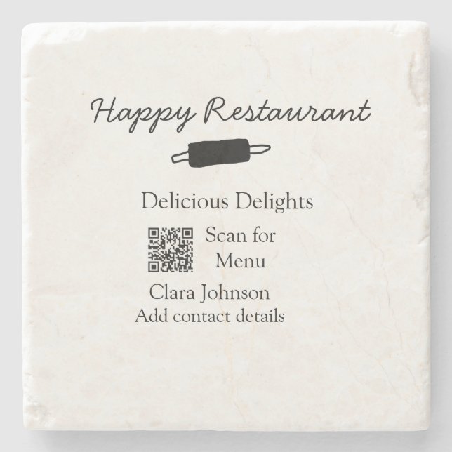 Restaurant name scan QR menu add contact details n Stone Coaster (Front)