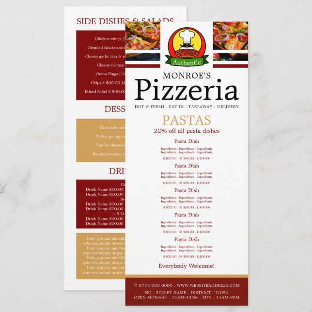 Restaurant Pizza, Menu Pâtes Légères (Devant / Derrière)