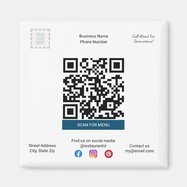 Restaurant & Pizza Shop Magnet with Menu QR Code (Front)