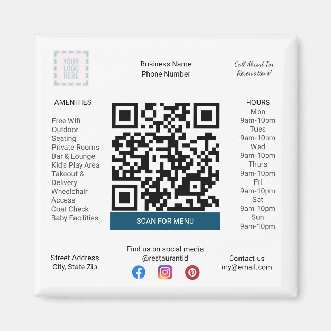 Restaurant & Pizza Shop Magnet with Menu QR Code (Front)