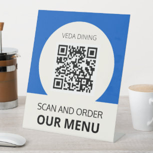 Restaurant Scan Menu Order QR Code Blue Pedestal Sign