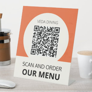 Restaurant Scan Menu Order QR Code Orange Pedestal Sign