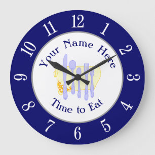 Restaurant Silverware on Blue White Numbers Large Clock