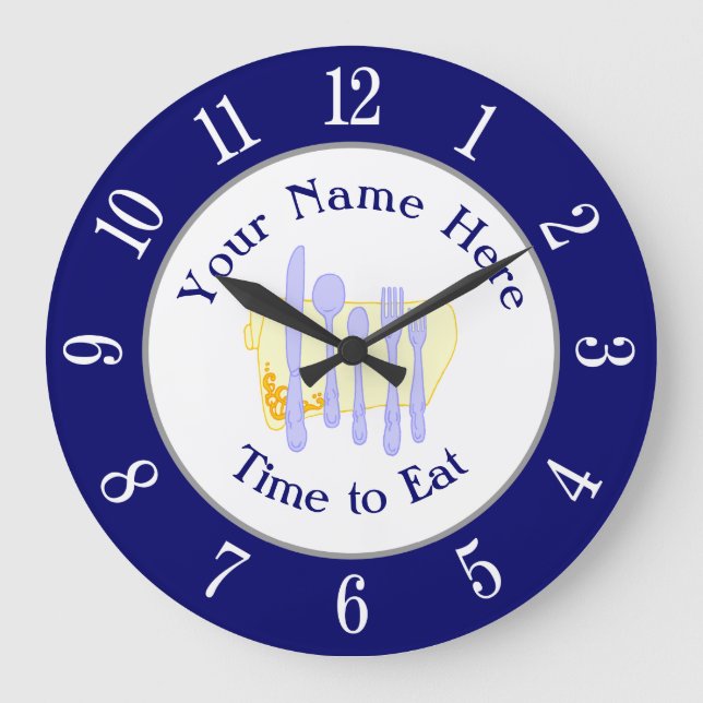 Restaurant Silverware on Blue White Numbers Large Clock (Front)