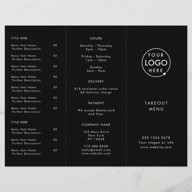 Restaurant Takeout | Black Logo - Menu de prise (Devant)