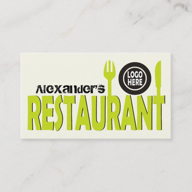 Restaurant text cutlery plate black lime ivory business card (Front)