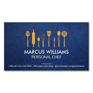 Restaurant Utensils   Chef   Blue Leather Magnetic Business Card