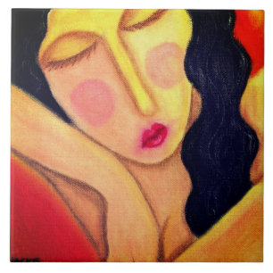 Resting Abstract Oil Pastel Painting of a Woman Tile