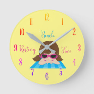 Resting Beach Face Girl on Beachtowel   Round Clock
