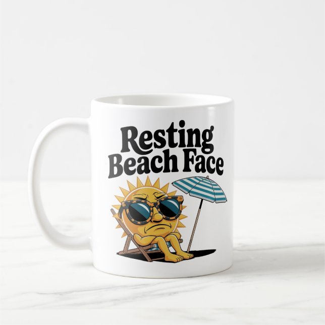 Resting Beach Face Grumpy Sun Vacation Coffee Mug (Left)