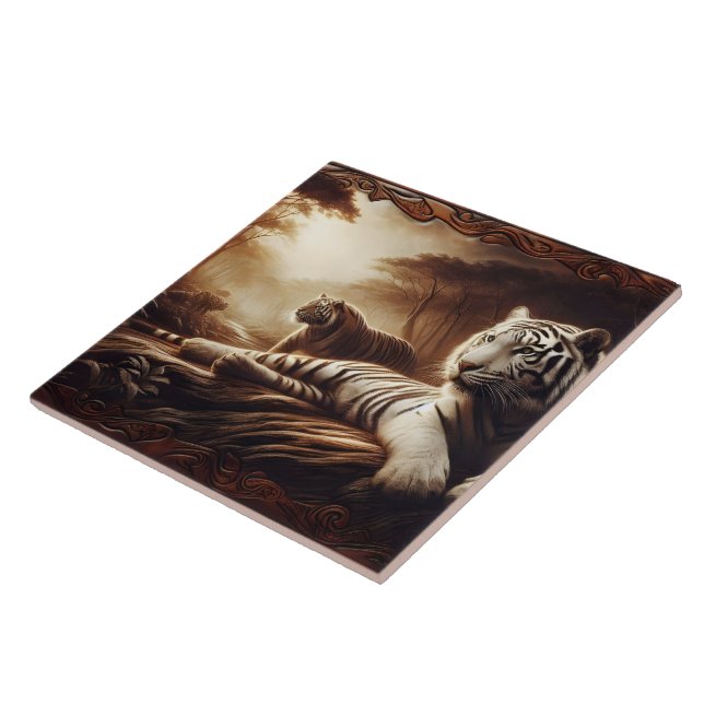 Resting Bengal Tigers in a Lush Forest at Dusk Tile (Side)