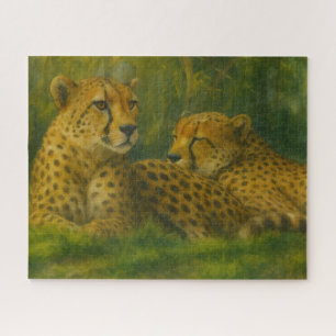 Resting Cheetah Duo in Forest Setting Jigsaw Puzzle