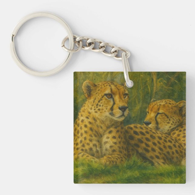 Resting Cheetah Duo in Forest Setting Keychain (Front)