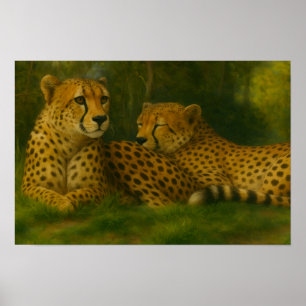 Resting Cheetah Duo in Forest Setting Poster