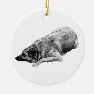 Resting Gray Dog Glows On Festive Winter Trees Ceramic Ornament