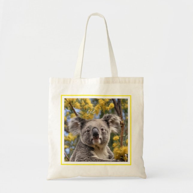 "Resting in Gold: A Koala in a Wattle Tree" Tote Bag (Front)