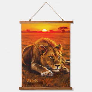 Resting Male Lion on Golden Savanna Hanging Tapestry