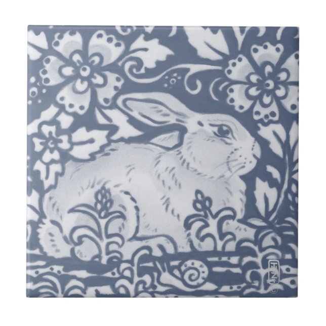 Resting Rabbit Blue White Botanical Dedham Delft Tile (Front)