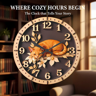 Resting Tabby Cat Flower Large Clock