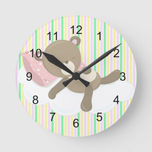 Resting Teddy Bear on Stripes Round Clock