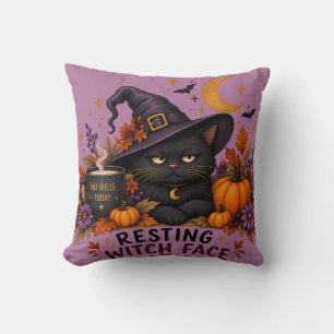 Resting Witch Face Black Cat Halloween Throw Pillow