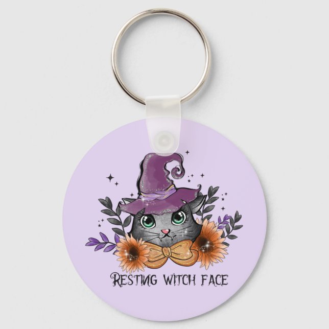 Resting Witch Face – Cat with Witch Hat Keychain (Front)