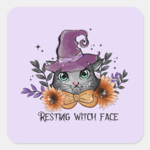 Resting Witch Face – Cat with Witch Hat Square Sticker