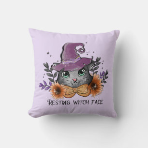 Resting Witch Face – Cat with Witch Hat Throw Pillow