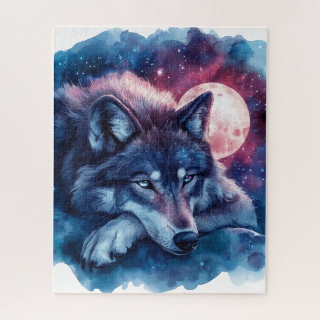 Resting Wolf Under the Cosmic Moon Jigsaw Puzzle (Vertical)
