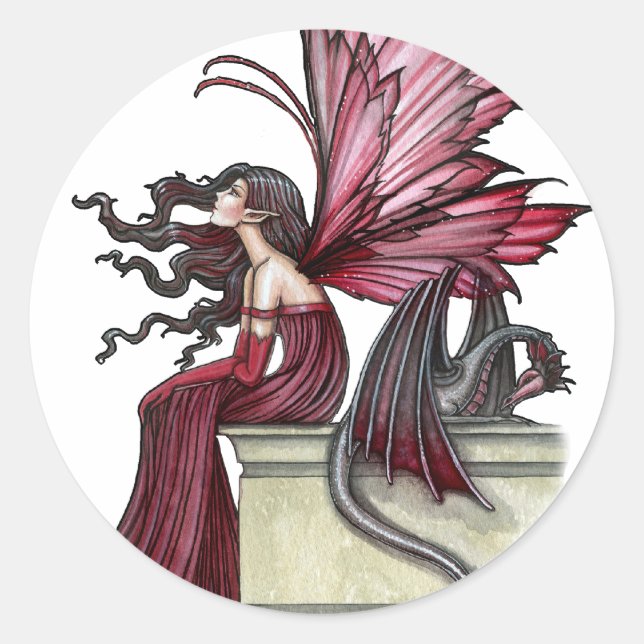Restless Ruby Gothic Red Fairy and Dragon Classic Round Sticker (Front)
