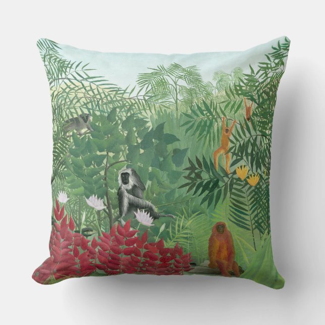 Restored Colour Henri Rousseau Monkey Jungle Art Throw Pillow (Front)