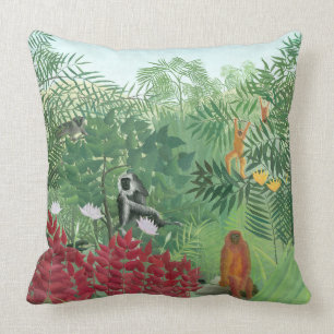 Restored Colour Henri Rousseau Monkey Jungle Art Throw Pillow