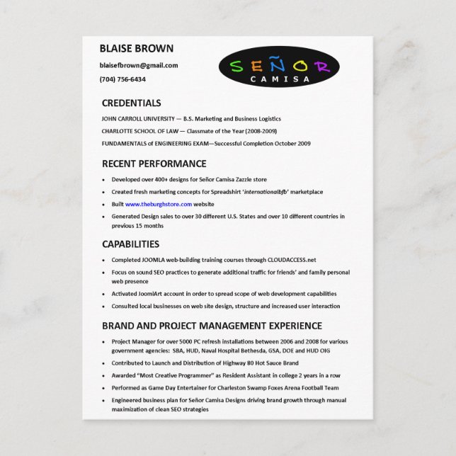 Resume Postcard (Front)
