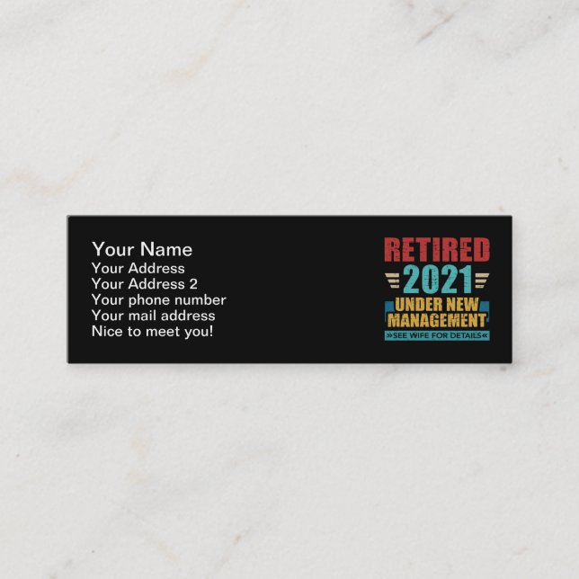 Retired 2021 under new management retro mini business card (Front)
