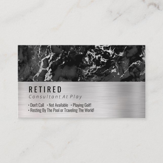 Retired, Black & Silver Marble, Brushed Silver Gag Business Card (Front)