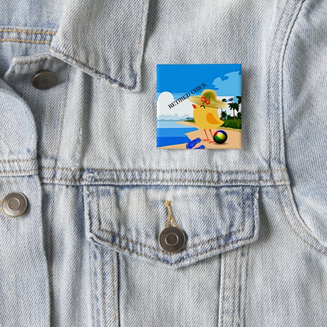 Retired Chick at the beach,  2 Inch Square Button (In Situ)