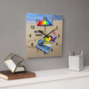 Retired Chick at the Beach, cute and colourful Square Wall Clock