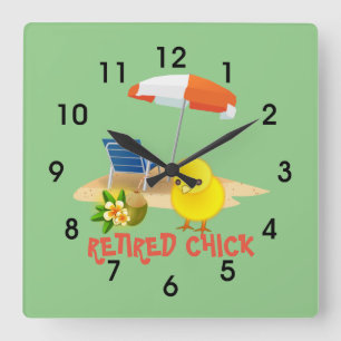 Retired Chick--Beach Scene, Square Wall Clock