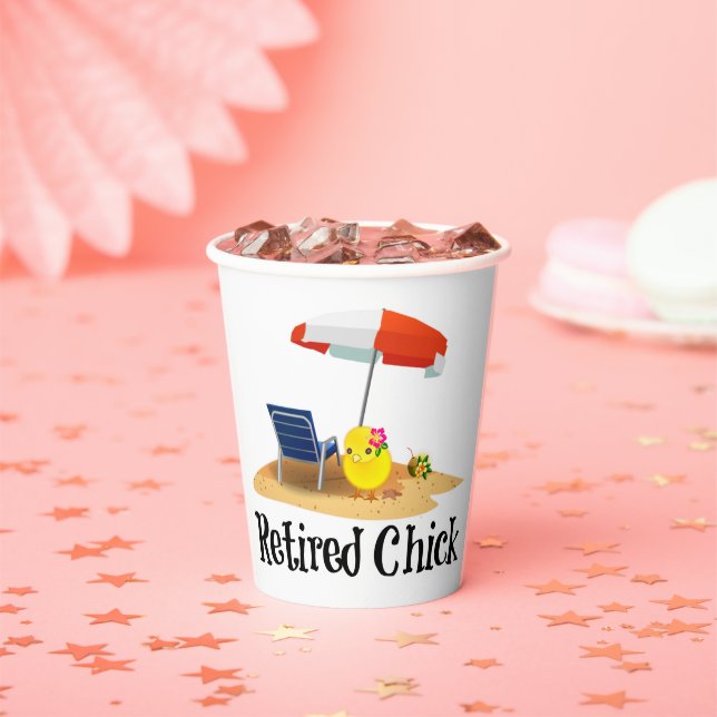 Retired Chick on the Beach Paper Cups (Insitu)
