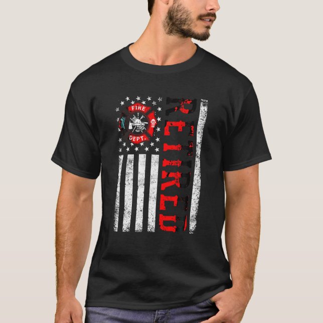 Retired Firefighter American Flag Funny Retirement T-Shirt (Front)