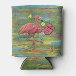 Retired Flamingo Playing Pickleball Watercolor Can Cooler
