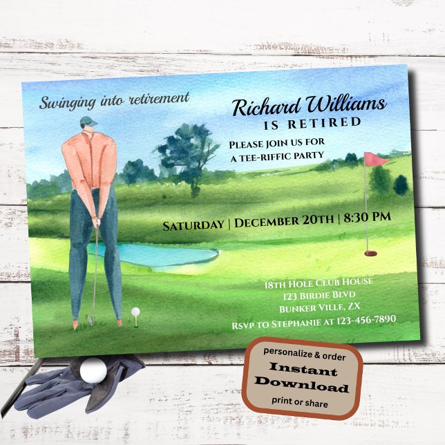 Retired Golf Man Player Swinging into Retirement Invitation (Creator Uploaded)