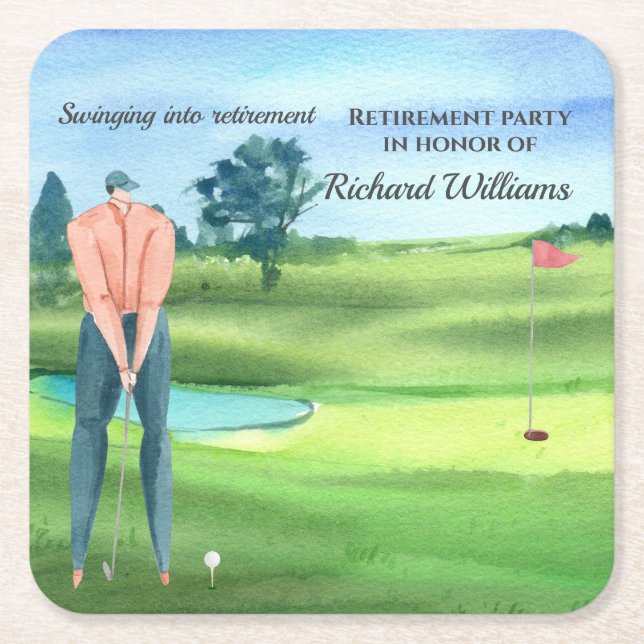 Retired Golf Man Player Swinging into Retirement Square Paper Coaster (Front)