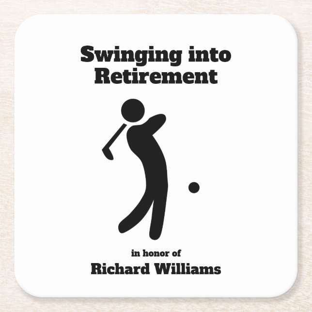 Retired Golf Player Swinging into Retirement moder Square Paper Coaster (Front)
