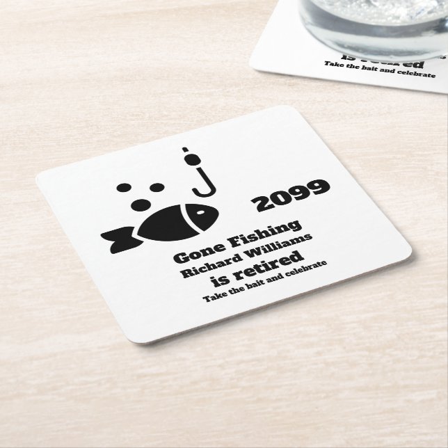 Retired Gone Fishing Modern Minimalist Retirement Square Paper Coaster (Angled)