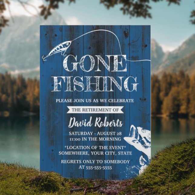 Retired Gone Fishing Navy Wood Outdoors Retirement Invitation (Creator Uploaded)