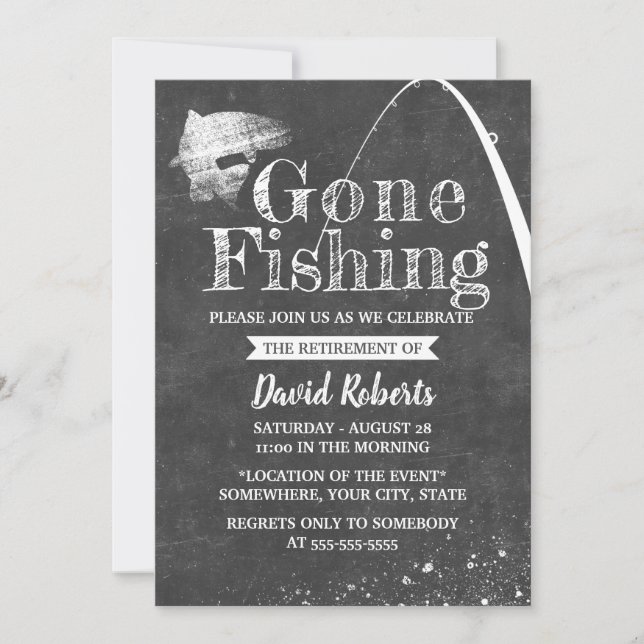 Retired Gone Fishing Rustic Chalkboard Retirement Invitation (Front)
