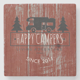 Retired Happy Campers   Rustic Wood Barn Red Date Stone Coaster