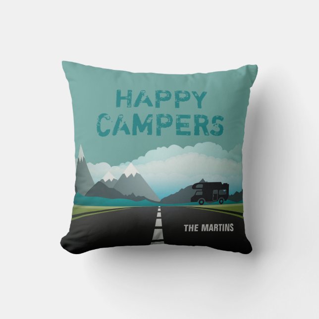Retired Happy Campers RV | Personalized Teal Throw Pillow (Front)