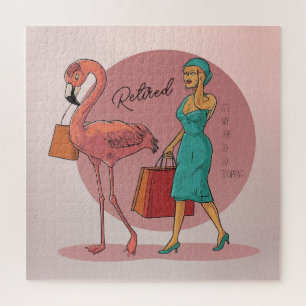 Retired It's My Job To Go Shopping Pink Flamingo Jigsaw Puzzle